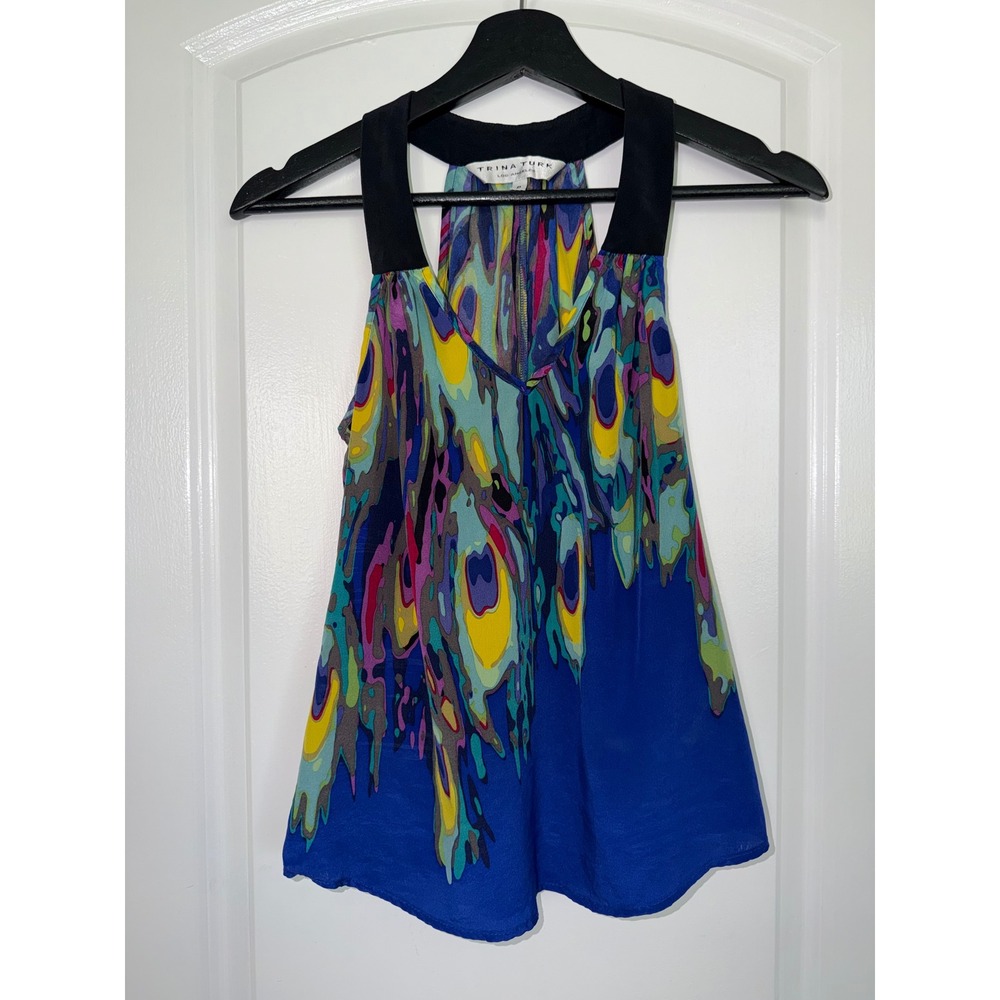 Trina Turk Silk Abstract Peacock Print Halter Top Blue Multi Womens Petite P